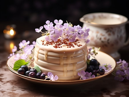 A white cake with purple flowers on a plate. Generative AI image.の素材