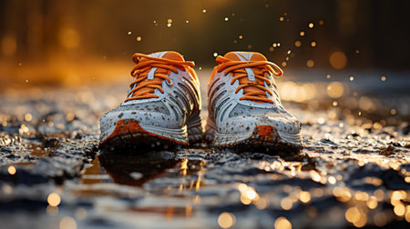 A pair of tennis shoes sitting on top of a puddle of water. Generative AI image.の素材