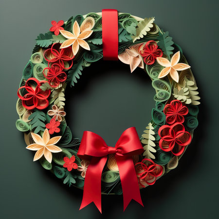 A paper wreath with a red bow on a green background. Generative AI image.の素材