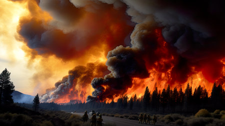 A group of people riding on the back of horses in front of a fire. Generative AI image.の素材