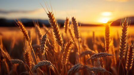 A field of wheat with the sun setting in the background. Generative AI image.の素材