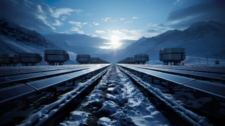 A train track with snow on the ground and mountains in the background. Generative AI image.の素材