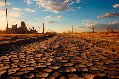 Drought, dry cracker earch on fields hit by lack of rain outside a large city. Generative AI.の素材