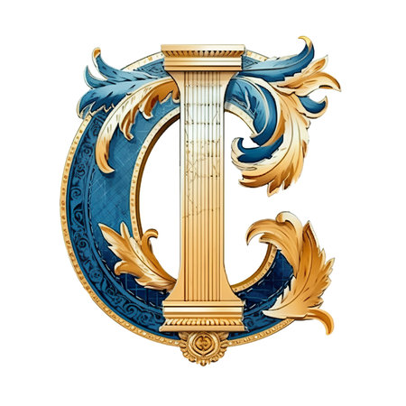 The letter d is decorated in gold and blue. Generative AI image.の素材