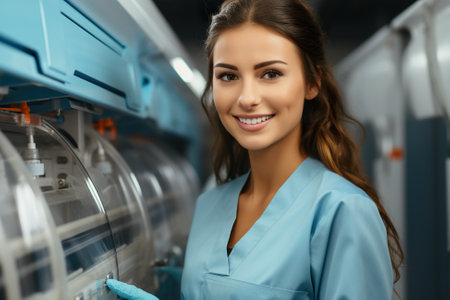 A woman in a blue scrub suit standing in front of a machine. Generative AI image.の素材