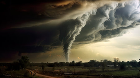 A large tornado cloud is in the sky. Generative AI image.の素材