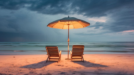 Two lounge chairs under an umbrella on a beach. Generative AI image.の素材