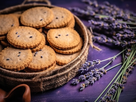 A basket filled with cookies next to a bunch of lavender. Generative AI image.の素材