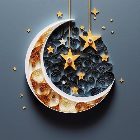 A paper art of a crescent and stars. Generative AI image.の素材