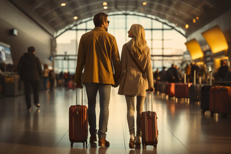 A man and a woman walking through an airport. Generative AI image.の素材