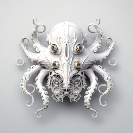 A white octopus mask with gears attached to it. Generative AI image.の素材
