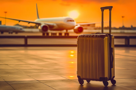 A suitcase sitting on the ground in front of an airplane. Generative AI image.の素材