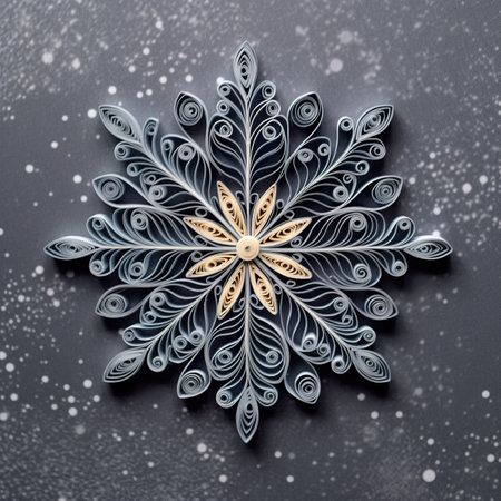 A paper snowflake on a black surface. Generative AI image.の素材