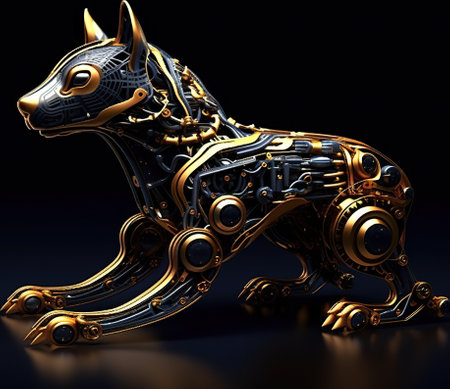 A golden and black sculpture of a dog. Generative AI image.の素材