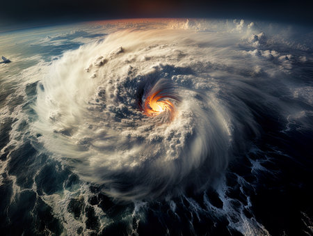 A view of the earth from space with a hurricane in the background. Generative AI image.の素材
