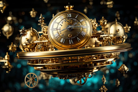 A gold clock surrounded by golden ornaments on a blue background. Generative AI image.の素材