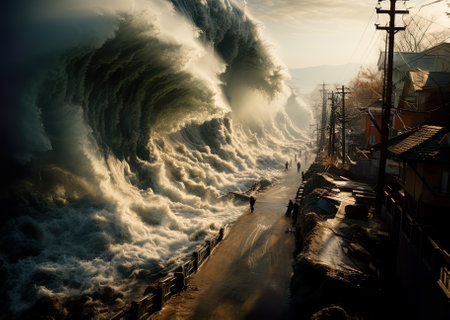 A large wave crashes over a city street. Generative AI image.の素材