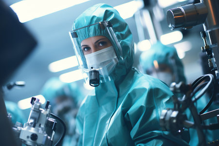 A woman in a protective suit working on a machine. Generative AI image.の素材