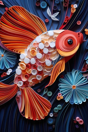 A fish made out of paper with many different colors. Generative AI image.の素材