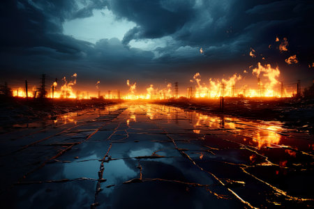 A large fire is burning in the middle of a field. Generative AI image.の素材