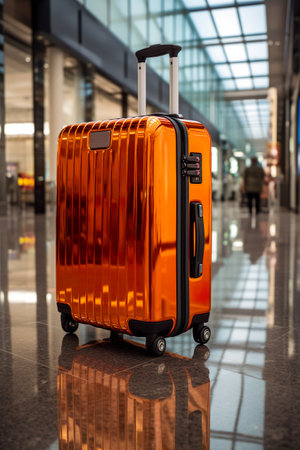 A piece of luggage sitting on top of a tiled floor. Generative AI image.の素材