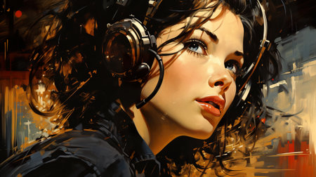 A painting of a woman with headphones on. Generative AI image.の素材