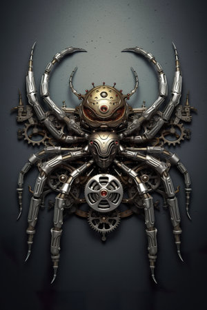 A large metal spider with a clock on its back. Generative AI image.の素材