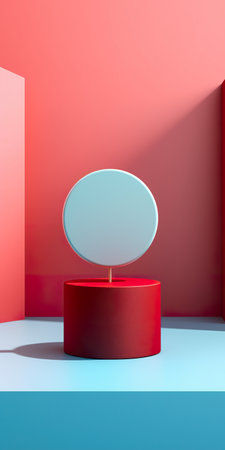 Round podium on blue, pink and red background. Generative AI.の素材