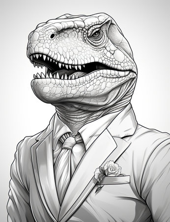 A drawing of a t-rex wearing a suit and tie. Generative AI image.の素材