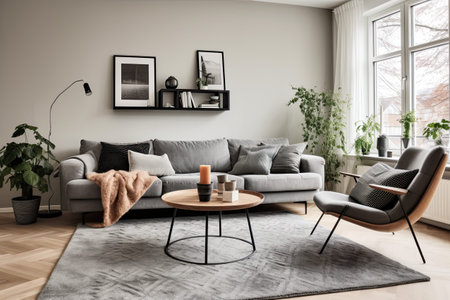 A living room with a couch, chair, pumpkin spice latte coffee table and a window. Generative AI image.の素材