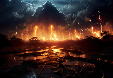 A dark sky with lightning coming out of it. Generative AI image.の素材