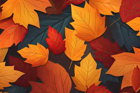 A bunch of orange and red leaves on a black background. Generative AI image.の素材
