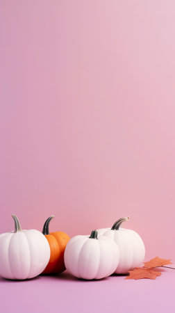 Three white pumpkins sitting on top of a pink surface. Generative AI image.の素材