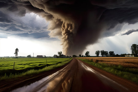 A large black cloud is in the sky over a dirt road. Generative AI image.の素材