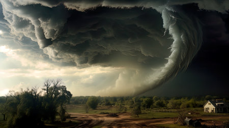 A large tornado cloud is in the sky over a dirt road. Generative AI image.の素材