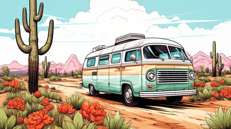 A van driving down a dirt road next to a cactus. Generative AI image.の素材