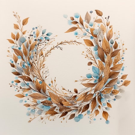 A watercolor painting of a wreath with leaves and berries. Generative AI image.の素材