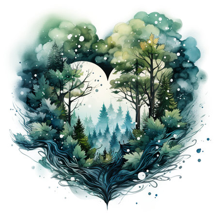 A watercolor painting of a heart shaped forest. Generative AI image.の素材