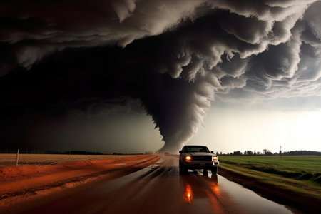 A truck driving down a dirt road under a large cloud. Generative AI image.の素材