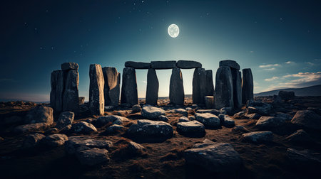 A stonehench in the middle of a field under a full moon. Generative AI image.の素材