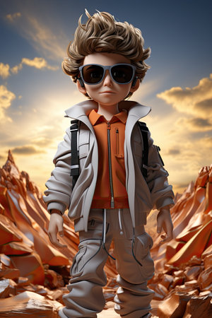 A young boy wearing sunglasses and a jacket. Generative AI image.の素材