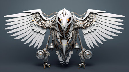 A robot bird with wings on a gray background. Generative AI image.の素材