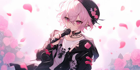 A girl with pink hair is holding a microphone. Generative AI image.