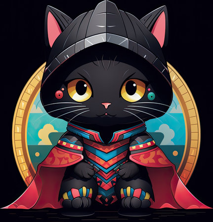A black cat wearing a helmet and cape. Generative AI image.の素材
