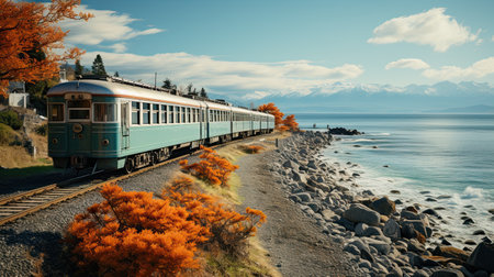 A train traveling down tracks next to a body of water. Generative AI image.の素材