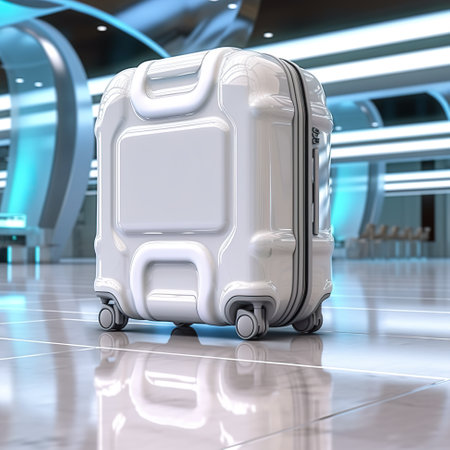 A white suitcase sitting on top of a tiled floor. Generative AI image.の素材