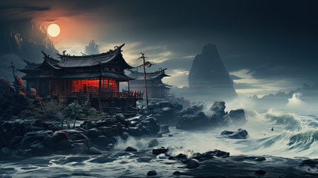 A painting of a chinese house on a cliff by the ocean. Generative AI image.の素材