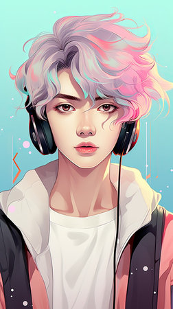 A person with headphones on and a blue background. Generative AI image.の写真素材