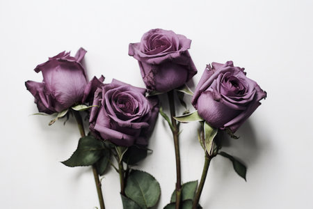 A group of purple roses sitting on top of a white surface. Generative AI image.の素材