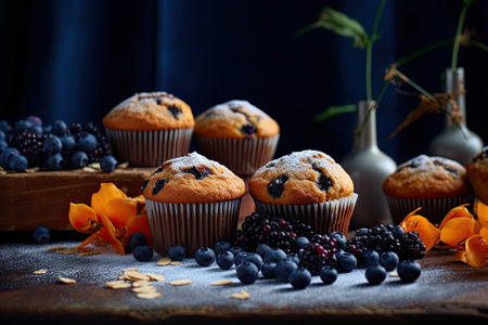 A bunch of muffins sitting on top of a table. Generative AI image.の写真素材